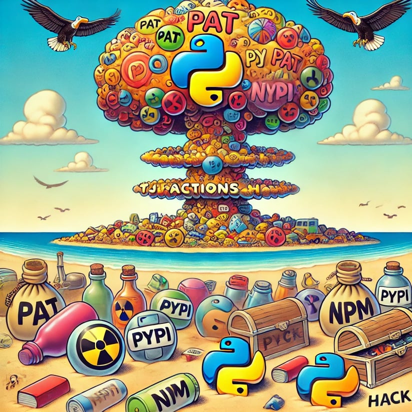 DALL·E 2025-03-19 14.14.49 - A comical cartoon illustration of a sandy beach scattered with colorful objects labeled PAT, PyPI, and NPM. The labels are on objects like bottl