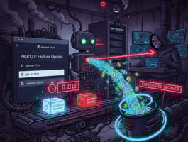 A detailed, dark-themed illustration shows a GitHub Pull Request exploit. A malicious commit, glowing red, bypasses a legitimate commit on a conveyor belt within a 0.01-second race window. A GitHub bot triggers the attack, while a hooded hacker siphons glowing 