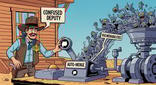 Comic book style illustration of a confused Wild West deputy, GitHub’s Dependabot, about to press an ‘Auto-Merge’ lever on a machine releasing gremlin-like ‘Vulnerabilities’.